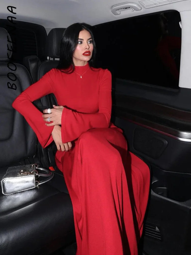 Long Sleeve Maxi Dresses for Women Elegant Red Evening Dress Ladies Party Outfits High Street Fashion 2025