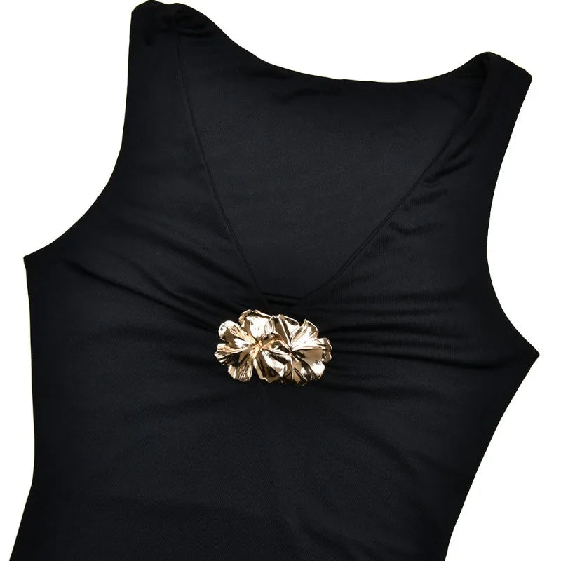 Hardwear Detail V Neck Sleeveless Long Dresses for Woman Clothing Black Elegant Sexy Summer Dress 2025