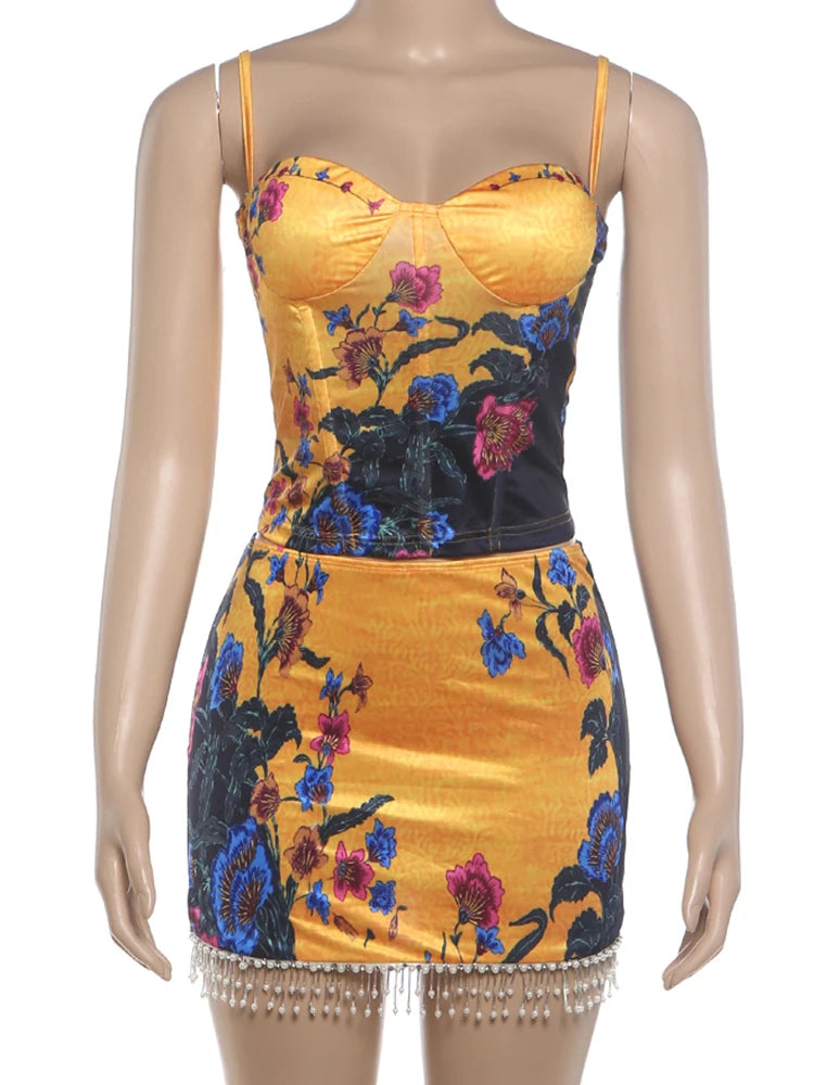 Summer Sexy Floral Print 2 Piece Set Women Trend Square Collar Tank Top+Beads Tassel Patchwork Skirt Fashion Party Suits