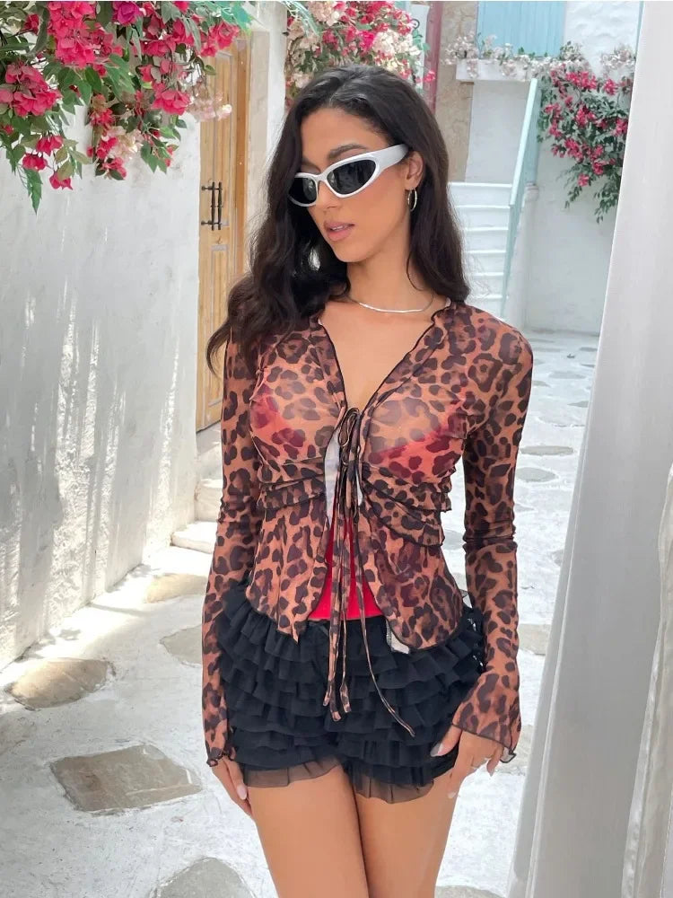 Transparent Leopard Print Chiffon Shirts & Blouses Sexy Tie Front V-neck Flare Sleeve Ruffle Tops for Women