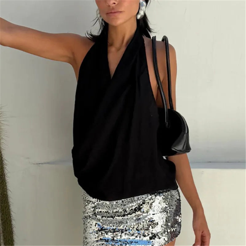 Women's Halter Cowl Neck Backless Sleeveless Top Textured Draped Cami Y2K Sexy Casual Summer Streetwear Vacation Blouse