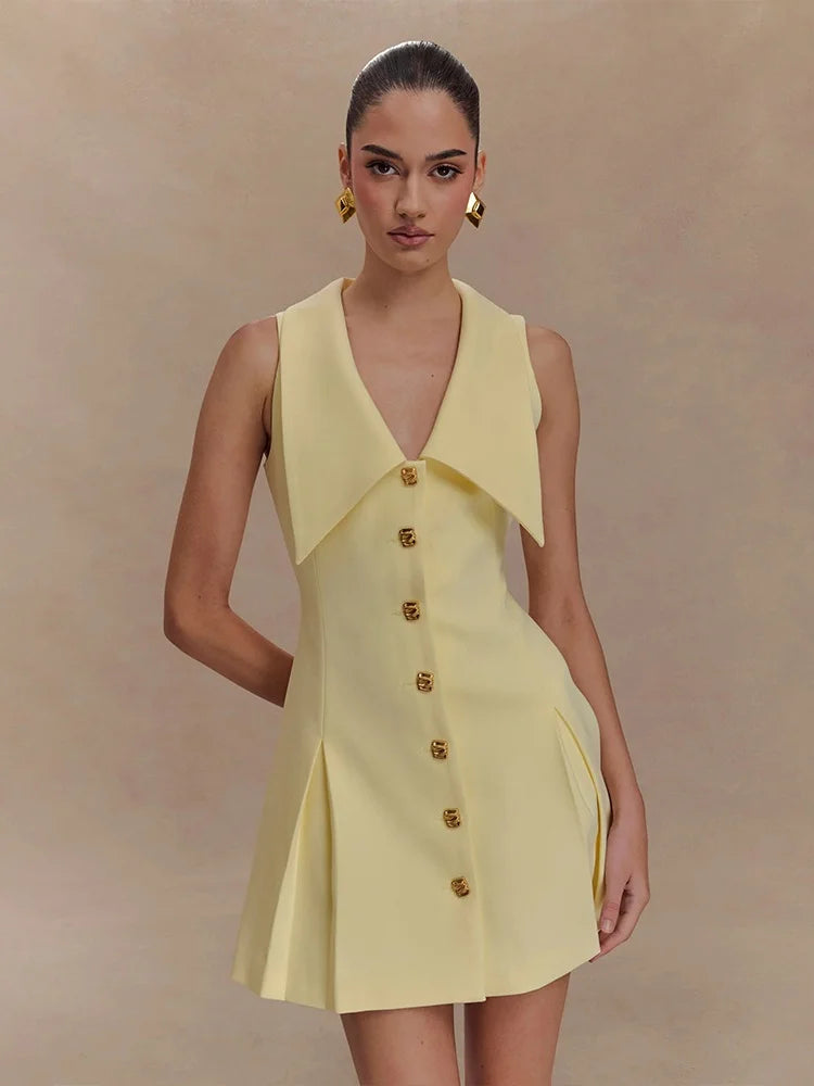 Turn-down Collar Button Up Sleeveless Pleated Mini Dress White Elegant Dresses Woman 2025