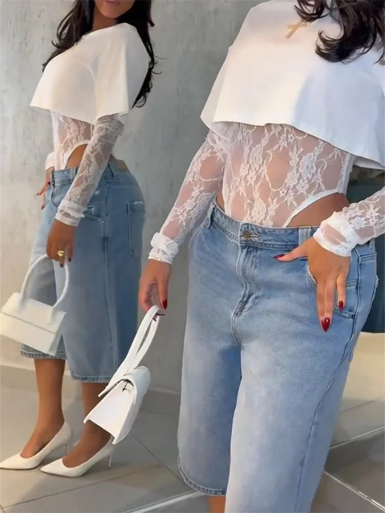 Sexy Women Crop Top+Lace Jacquard Full Sleeve Bodysuit Hottie Street Clubwear Slim Wild Matching Basic Skinny Tees