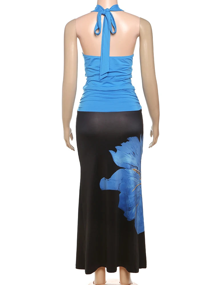 Sexy 2-Piece Set Women Halter Swing Collar Backless Tank Tops+Print Patchwork Tassels Folds Skirt Chic Vacation Suit