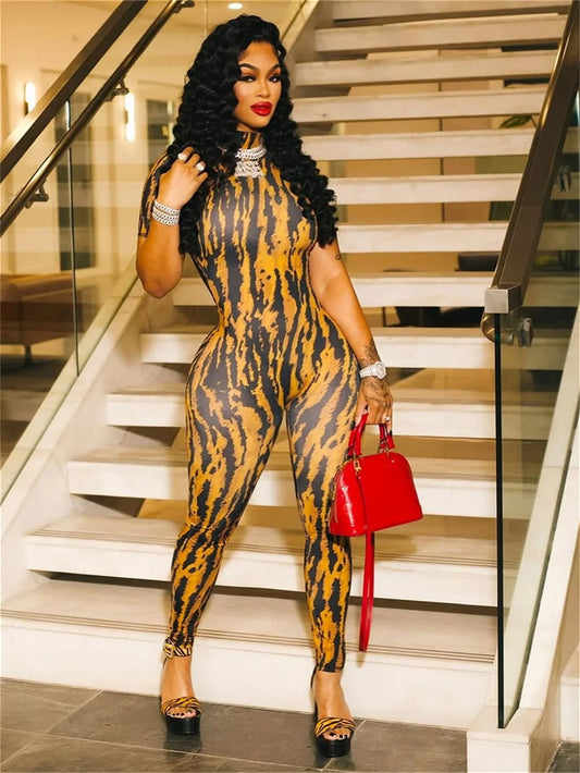 Sexy Stripe Print Jumpsuit Women Backless Activity Short Sleeve Hipster Stretch Skinny Midnight Workout Slim Overalls