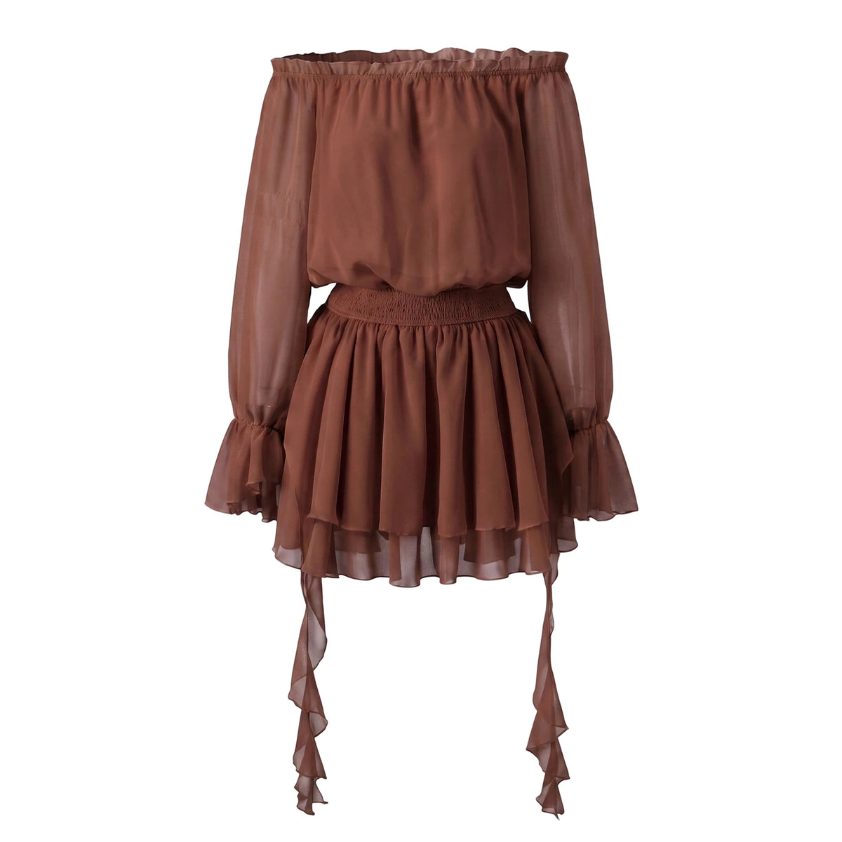 Elegant Off Shoulder Flare Long Sleeve Chiffon Mini Dress Women Elastic Waist Tiered Ruffle Beach Vacation Short Dress
