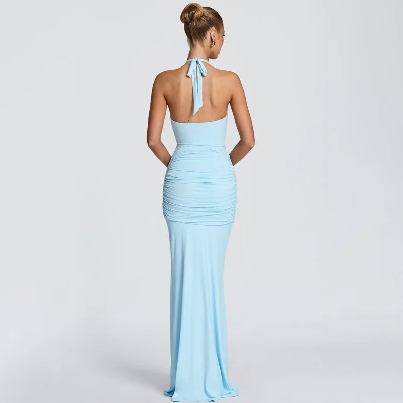 Front Cut-out Hardware Halter Maxi Dress Sexy Elegant Black Party Dresses for Woman Clothing