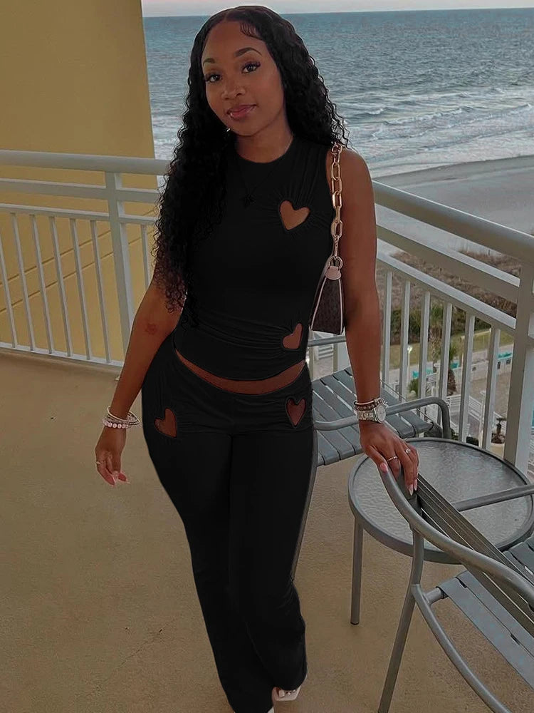O-Neck Stretch 2 Piece Set Women Heart Hollow Sleeveless Tops+Skinny Pants Vacation Casual Simple Elegant Solid Suits