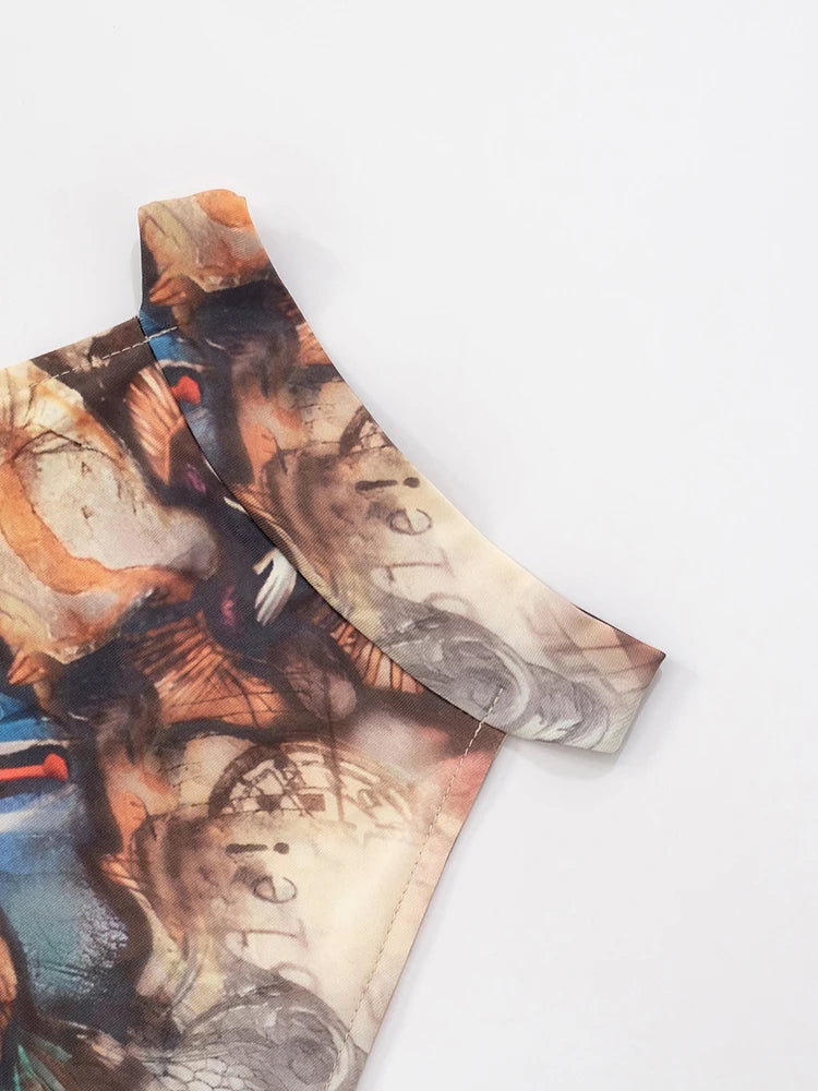 Aesthetics Print Jumpsuits Women Halter Sexy Backless Skinny Peach Buttocks Midnight Club Party Wild Styel Overalls