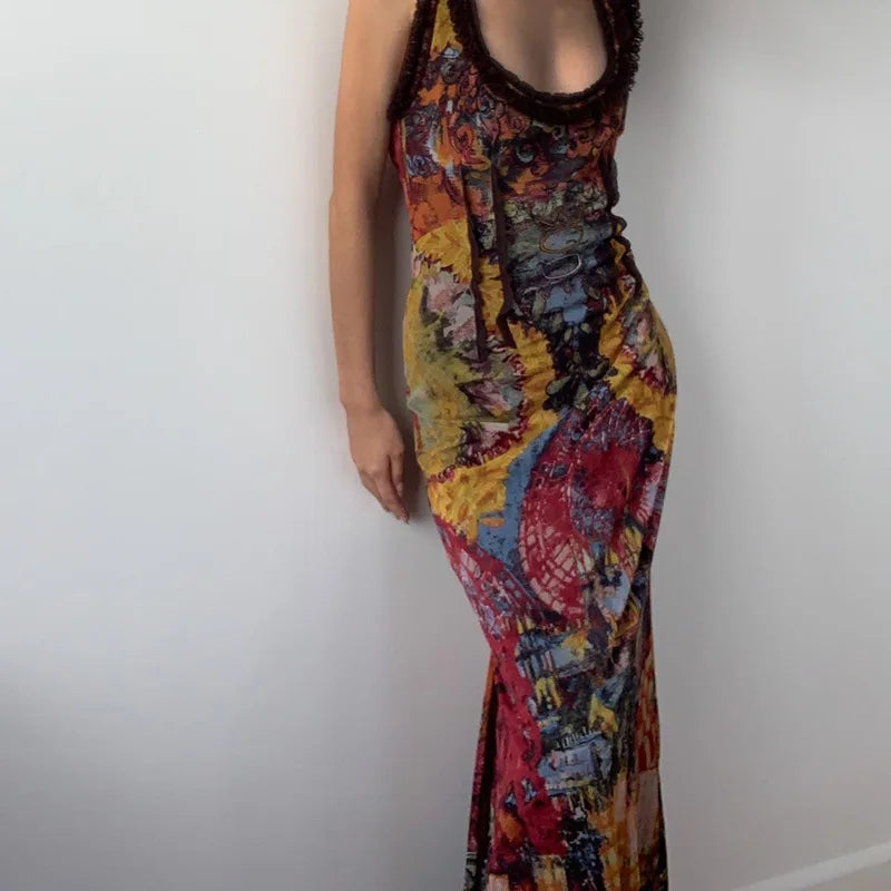 Y2k Retro Tie Dye Print Long Dresses for Women Sexy Hollow Out Lace Up Backless Maxi Dress 2000s Aesthetic