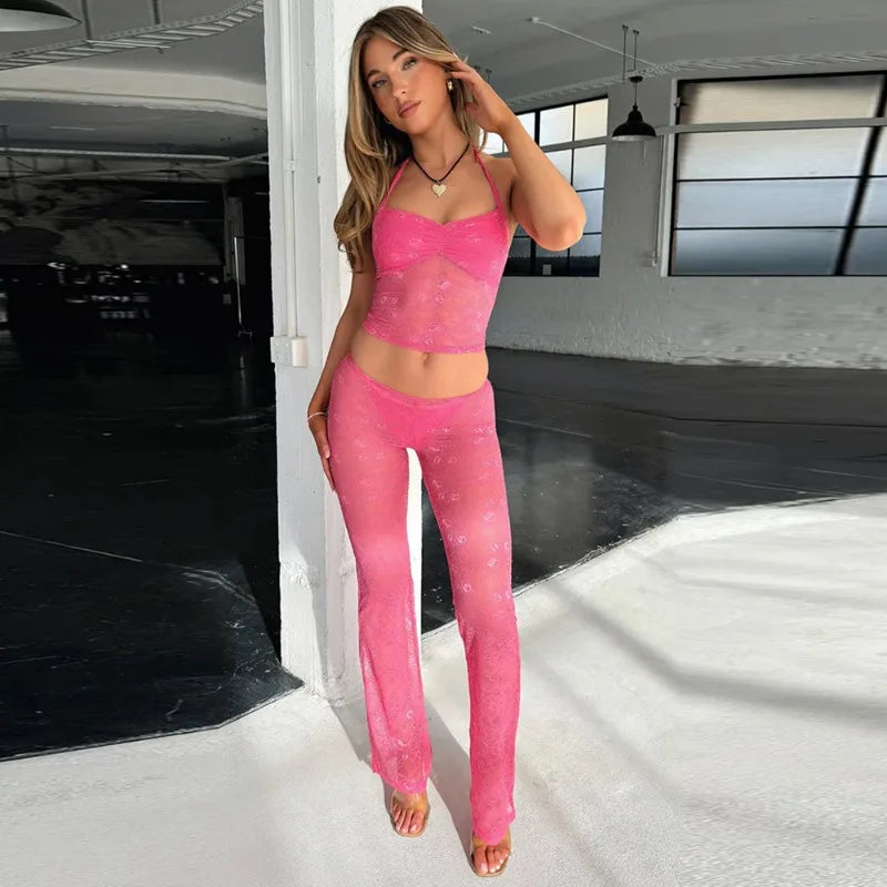 See Through Lace Mesh 2 Piece Sets Crop Top and Low Rise Pant Sets Sexy Summer Clothes for Women Outfits