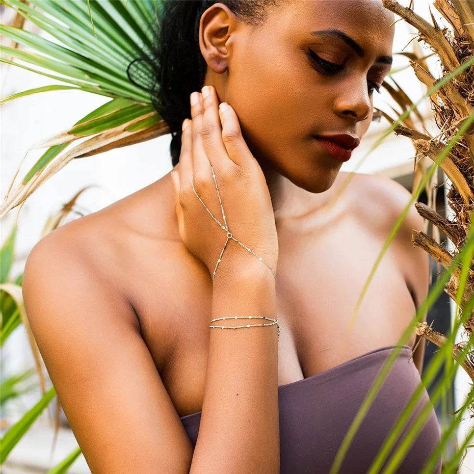 Multilayer Vintage Connected Finger Ring Bracelets for Women Simple Ball Beads Link Chains Hand Harness Bangles Party Jewelry