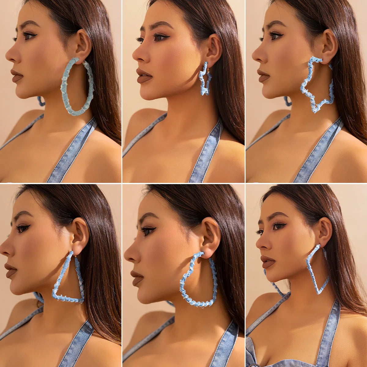 High Quality Exaggerated Blue Denim Hoop Earrings for Women Vintage Big Star Round Triangle Square Geometric Earring Y2K Jewelry