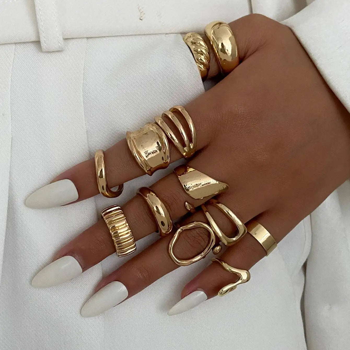12Pcs/Set Vintage Irregular Geometric Open Adjustable Rings Women New Trend Goth Metal Rings Suitable for Daily Party