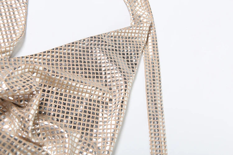 Sequins Backless Sexy Tank Tops Swing Collar Summer Sleeveless Pleated Lace-Up Halter Party Streetwear Skinny Vest