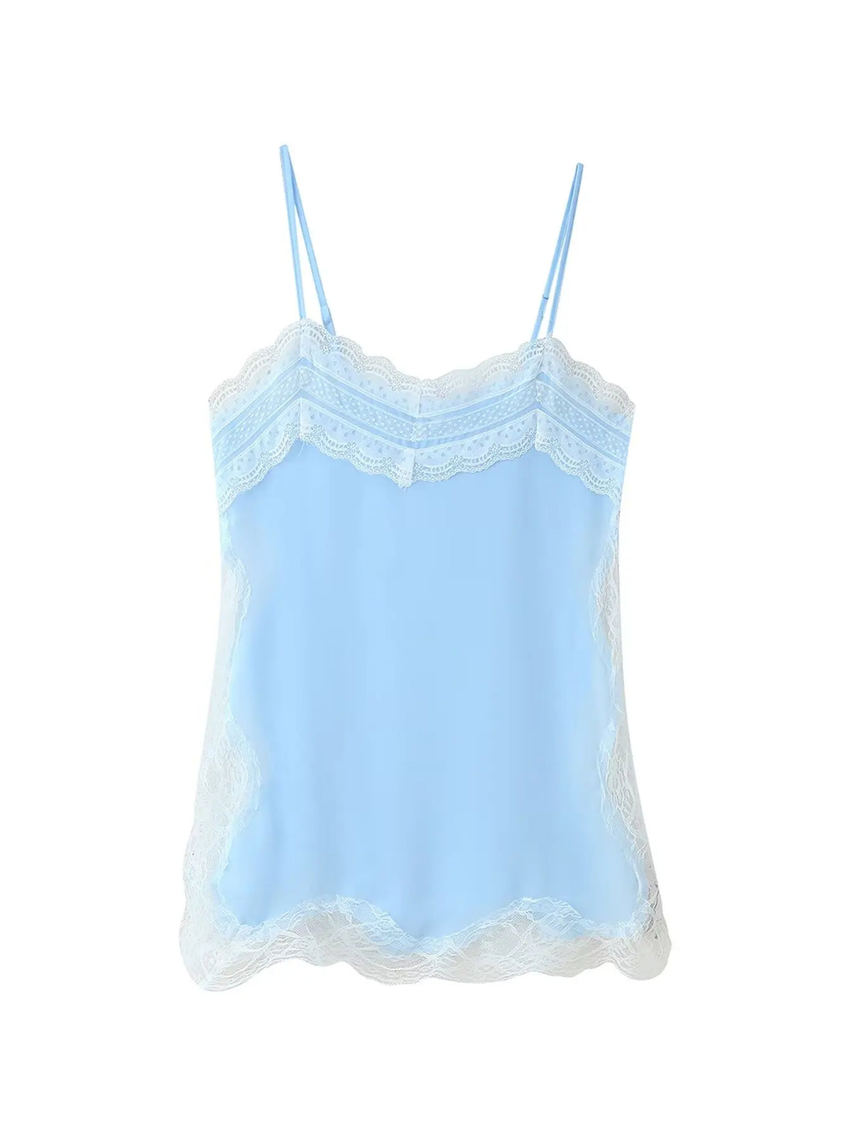 Women Lace Trim Satin High Low Tops Silk Spaghetti Strap Side Split Asymmetrical Cami Top Flowy Silky Layering Tops