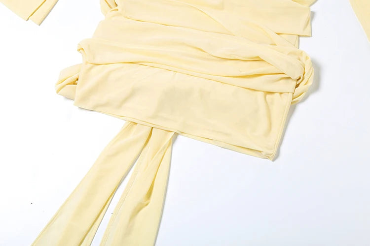 Ruched See Through Dress Women Patchwork Single-Breasted Full Sleeve Bandage Tassel Trend Streetwear Mini Bodycon