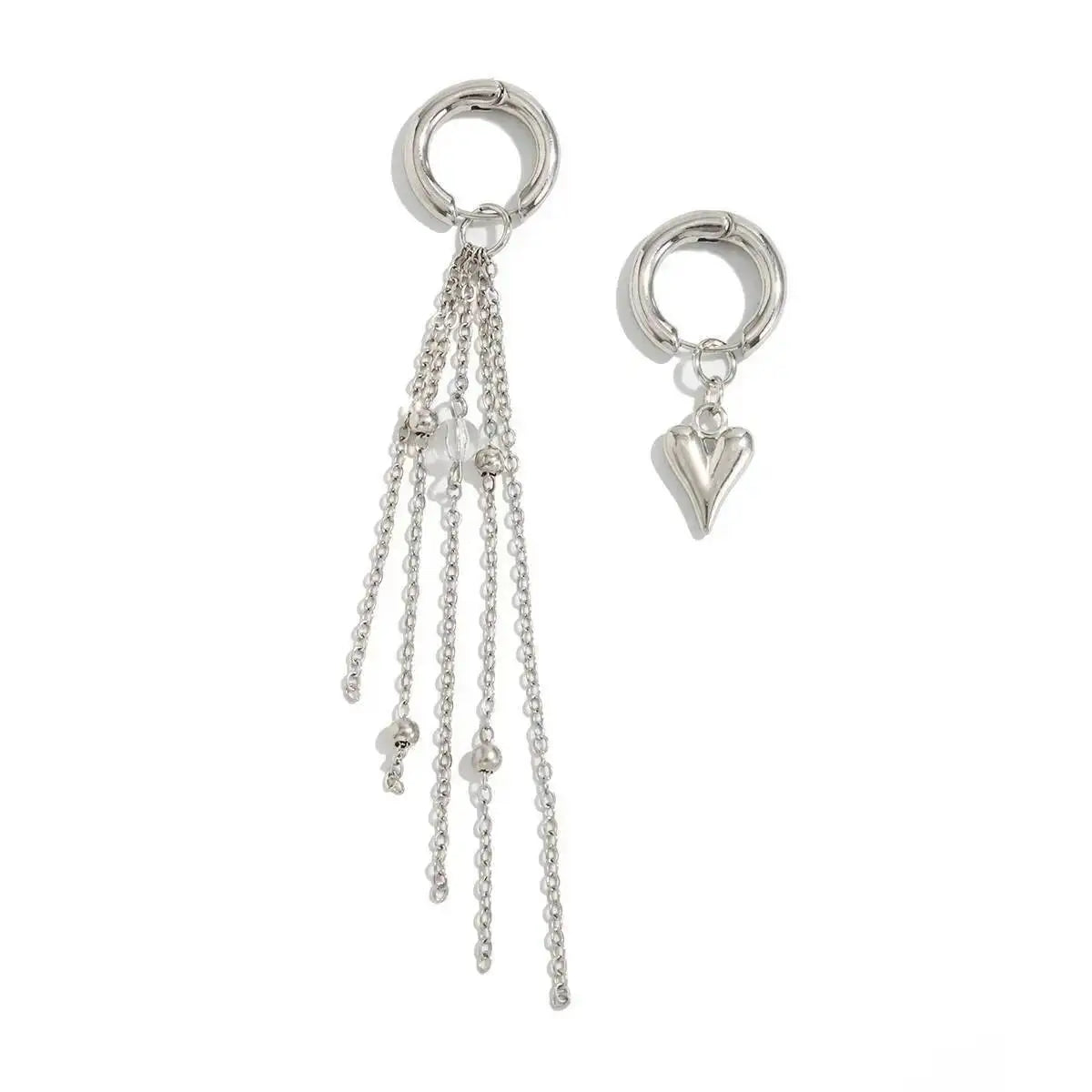 Punk Silver Color Love Heart Pendant Drop Earrings Women's Fashion Tassel Circular Ear Buckle Jewelry Gift Exquisite