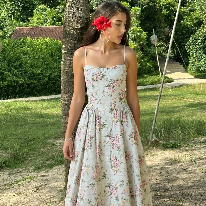 Green Flower Sun Dresses for Woman Spaghetti Strap Backless Long Dresses French Style Elegant Vacation Outfits