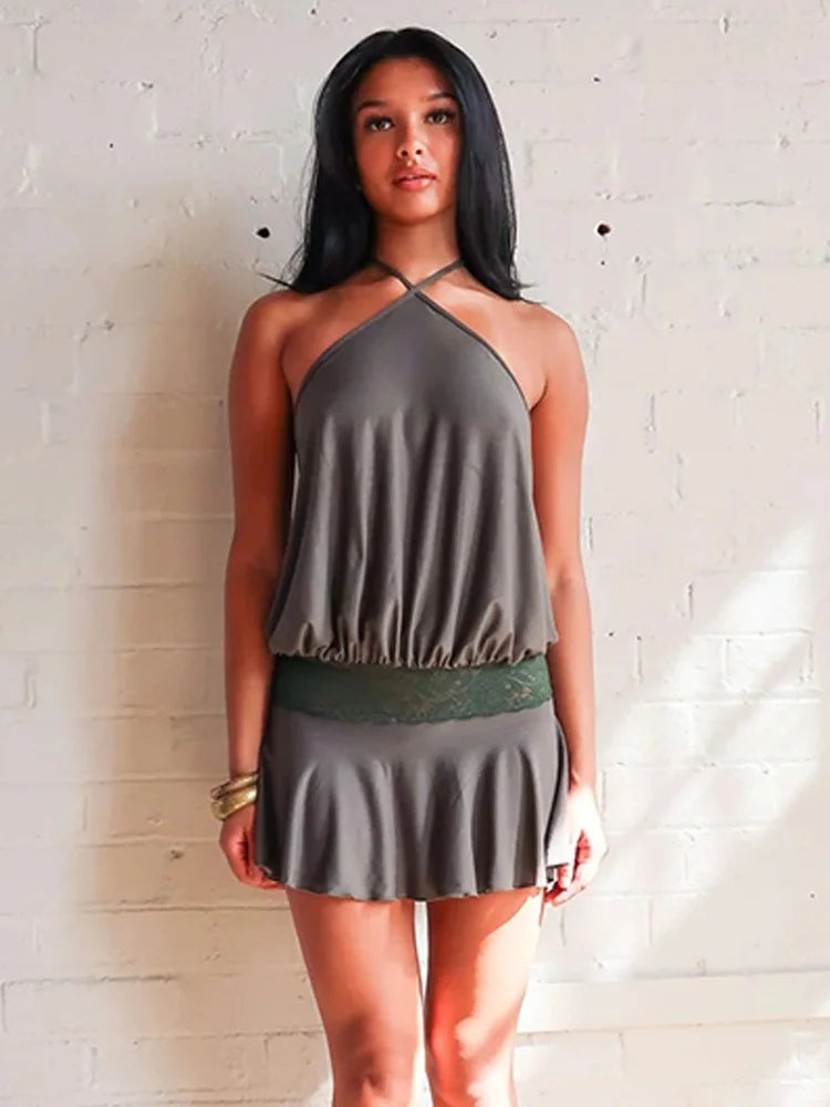 Lace Spliced Backless Halter Mini Dresses Sexy Club Dress Women Summer Clothes