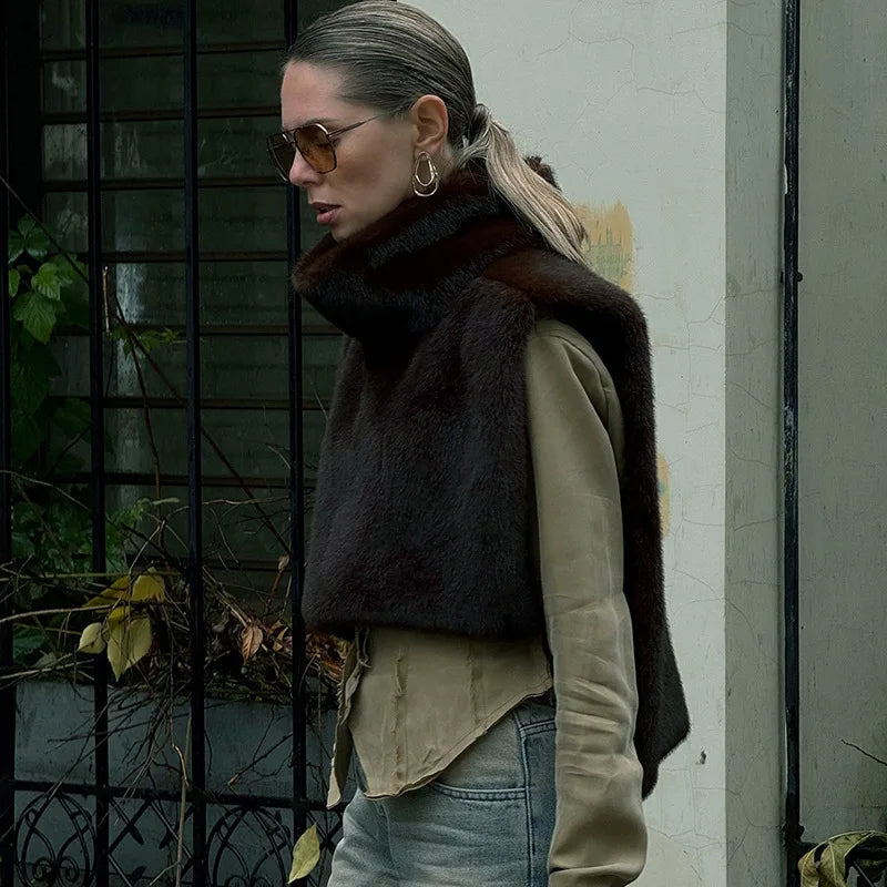 Turtleneck Furry Warm Vest Sleeveless Jacket Coat Faux Fur Top Women Trendy Winter Clothes