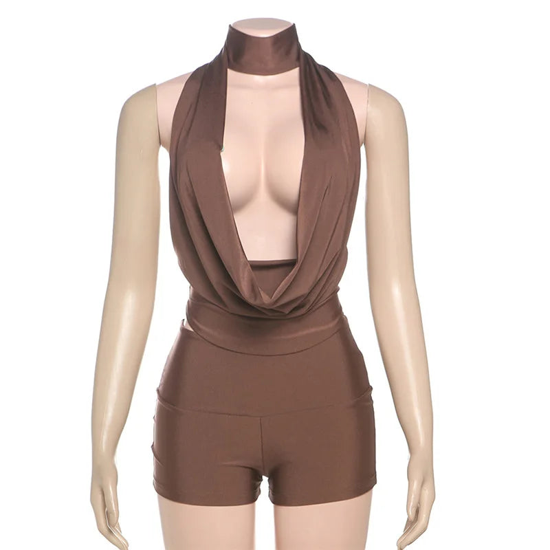 Two Piece Set for Woman Cowl Neck Backless Halter Top and Shorts Club Wear Sexy Summer Outfits 2025