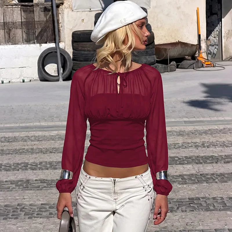 Tie-front Mesh Patchwork Long Sleeve Tops Elegant Fashion Black Shirts for Women Clothes Autumn 2026