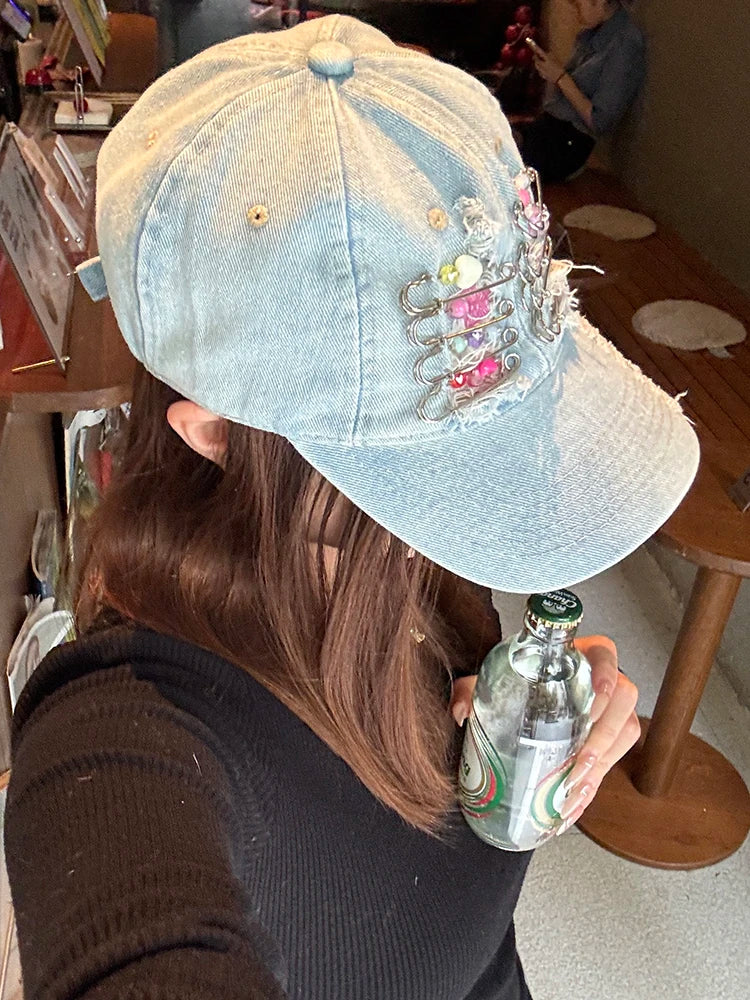 Women's Y2K Distressed Denim Baseball Cap, Bead Embellished Washed Jean Dad Hat, Adjustable Streetwear Sun Hat