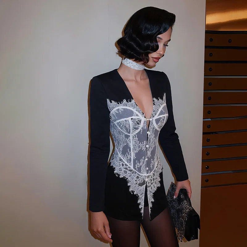 Lace Patchwork Black Blazer for Woman Jacket Long Coat Fall 2025 Fashion Elegant Tops for Woman Luxury