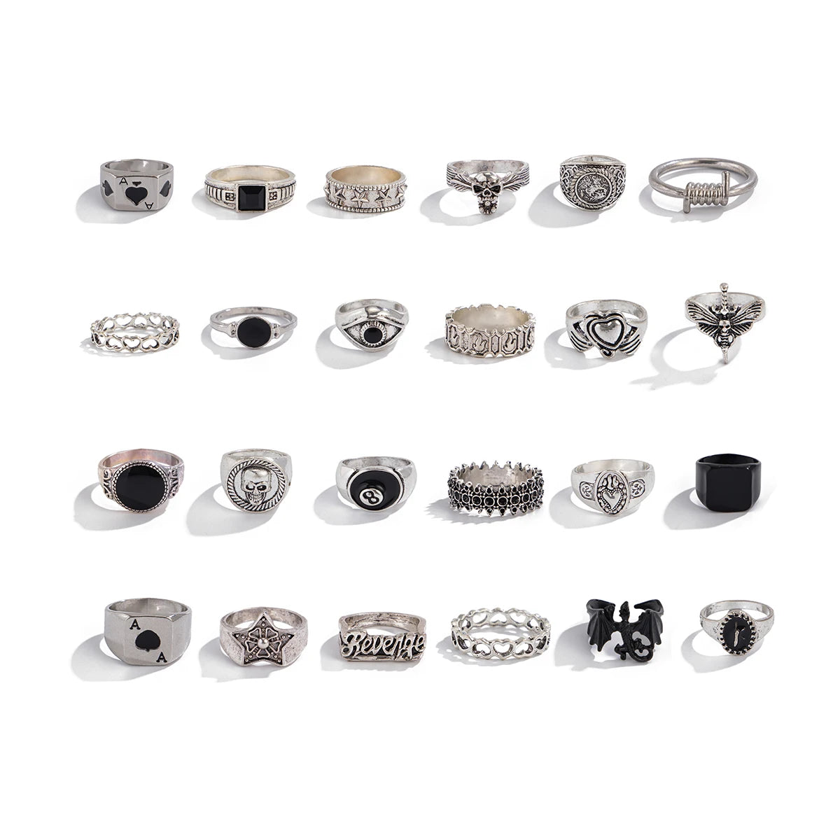 24Pcs/Set Creative Skull Head Poker Bat Rings for Men 2025 Trend Goth Geometric Ancient Silver Color Rings Male Jewelry