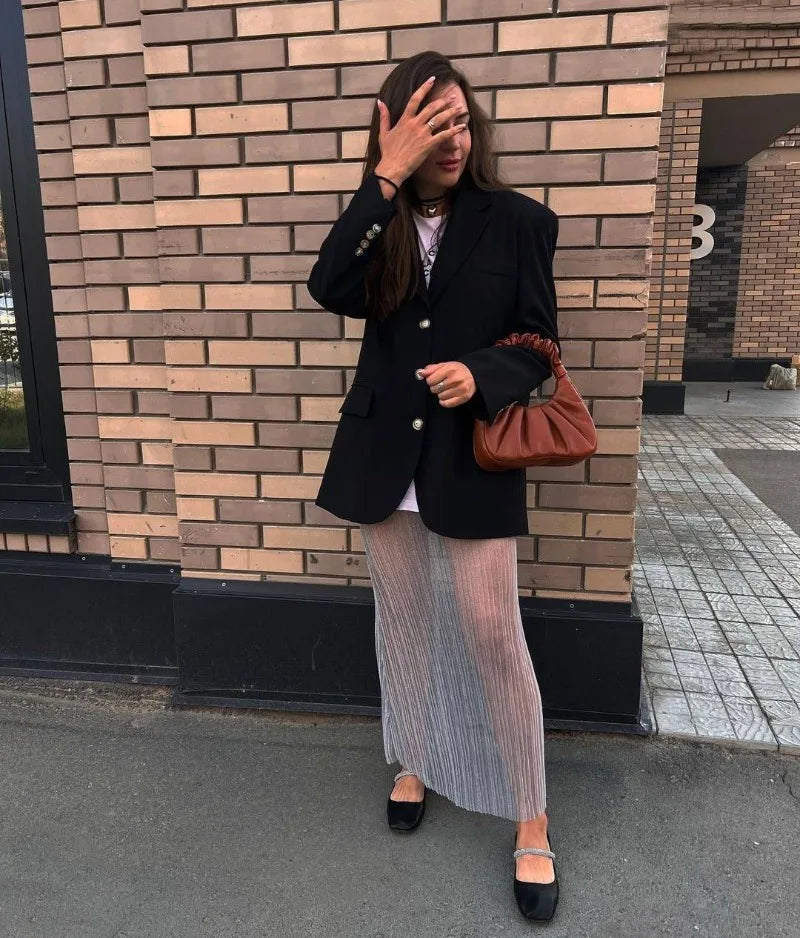 See Through Mesh Long Pleated Skirts for Women Bottoms Elegant Sexy Grey Black Pink Maxi Skirt Y2k Fairycore