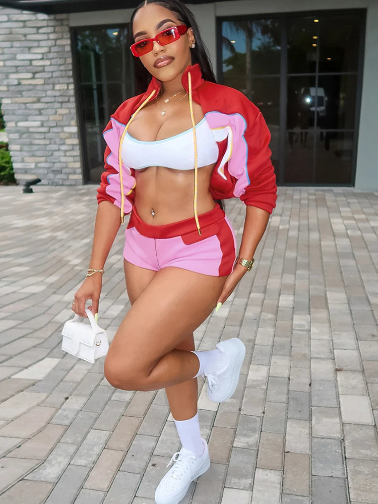 Sporty 2 Piece Set Women Hipster Zip Drawstring Crop Jacket+Shorts Matching Casual Street Skinny Stretch Tracksuit