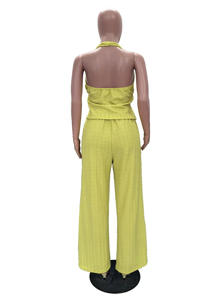 2 Piece Set Woman Jacquard Patchwork Halter Low-Neck Bandage Decoration Backless Tank Tops+Straight Pant Street Suits