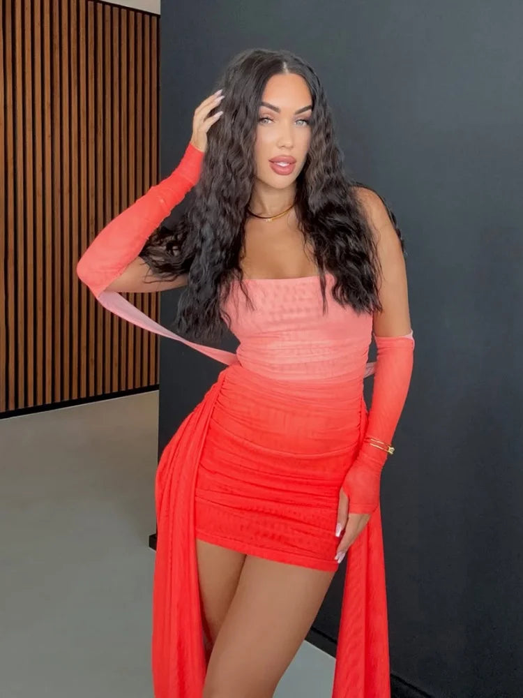 Off The Shoulder Mini Dress with Long Sleeves Sexy Mesh Sheer Birthday Party Dresses Woman Fashion 2025