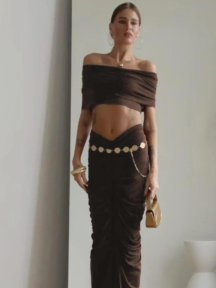 Woman Sexy Two Piece Outfit Off Shoulder Crop Top and Long Maxi Skirt Sets Elegant Party Ruched Dress