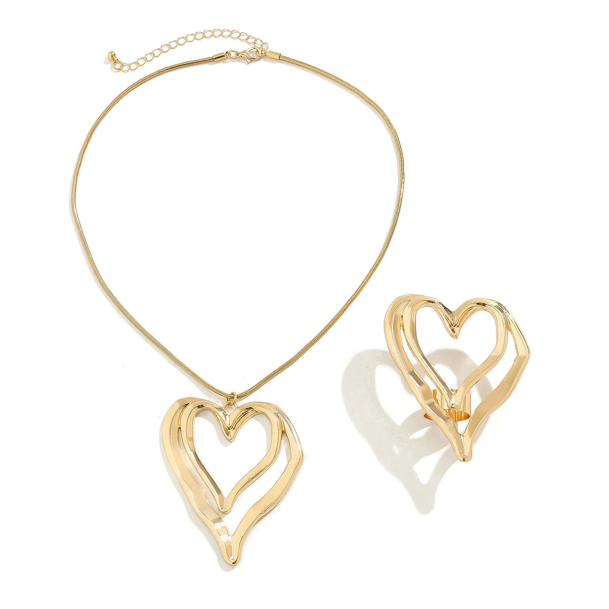 2Pcs Punk Vintage Big Hollow Love Heart Pendant Choker Necklace for Women Rose Flower Rings Wed Bridal Jewelry Set Steampunk New