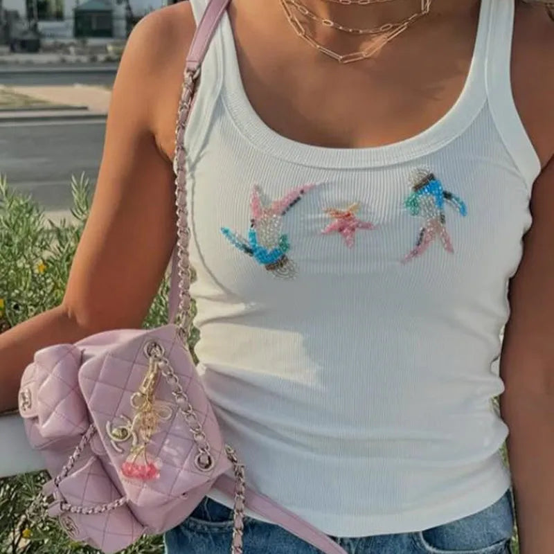 Beading Sling Tops Women's O-neck Sleeveless Spaghetti Strap Ribbed Vest Summer New Ladies Basic Casual Streetwear