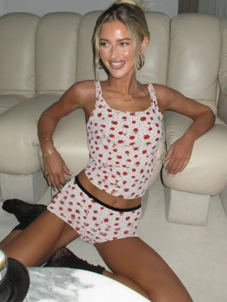 Raspberry Print 2 Piece Set Women Tracksuit Casual Shorts Sleeve Tank Tops+Biker Shorts Matching Activity Streetwear