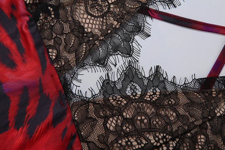 Lace Patchwork Sling Dress Woman Flower Print Low-Neck Cross Bandage Backless Summer Street Sexy Fashion Long Bodycon