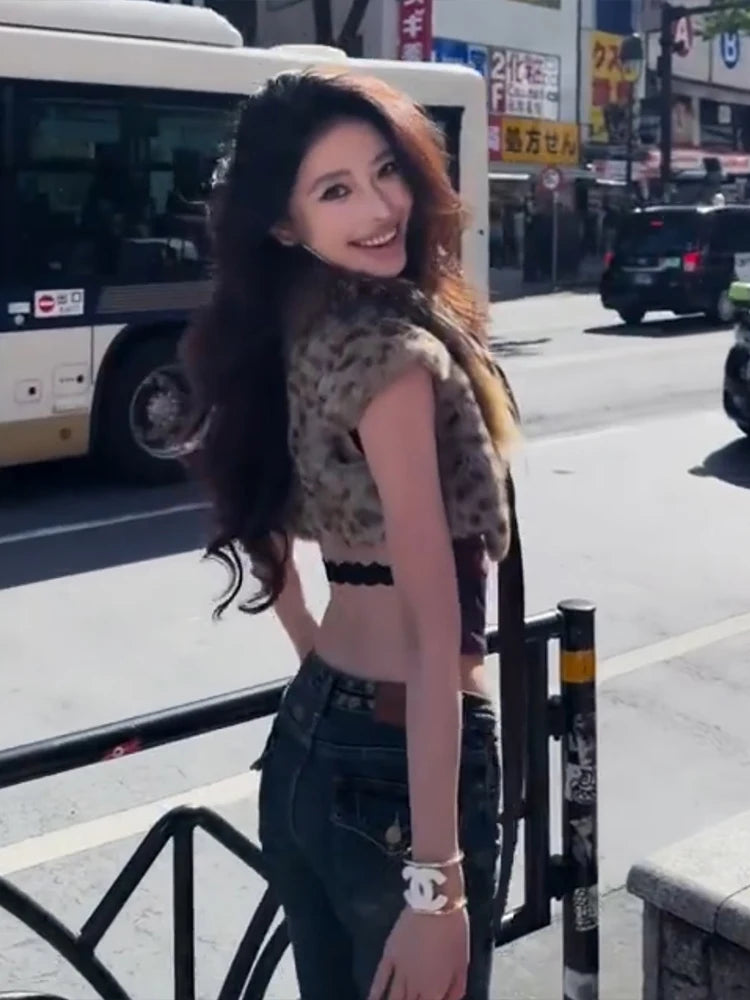 Leopard Print Furry Tank Tops Women Bandages Patchwork Sleeveless Autumn Sexy Trend Midnight Wild Club Streetwear