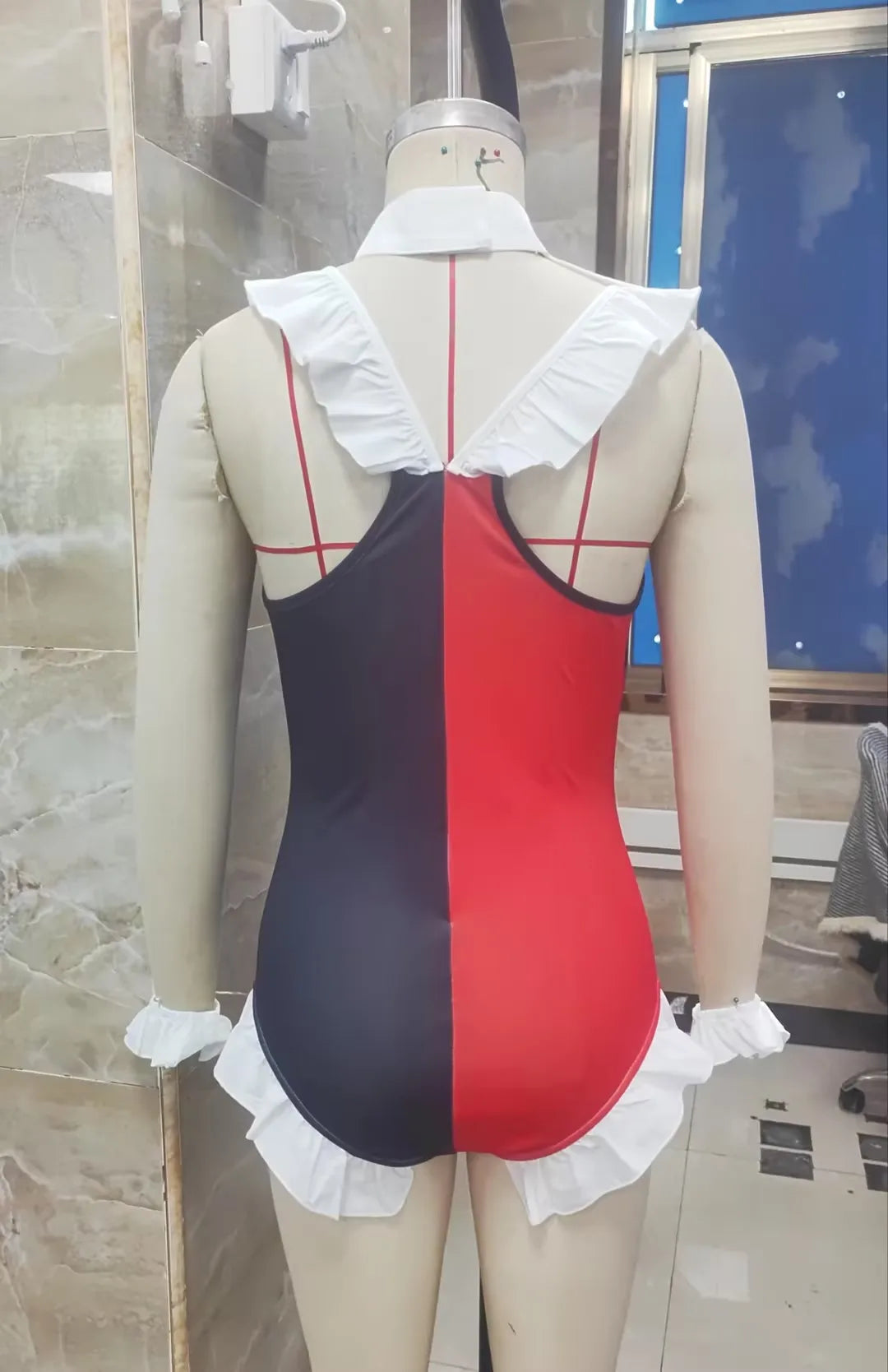 Women Clown Cosplay Bodysuit Sleeveless Ruffle Diamond Print Hollow Neck Jumpsuit Carnival Fancy Party Costume