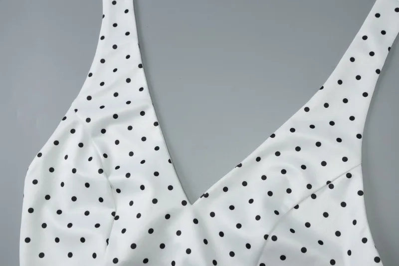 Polka Dot Print White Summer Dress Woman Elegant Retro Deep V Neck Backless A-line Short Dresses