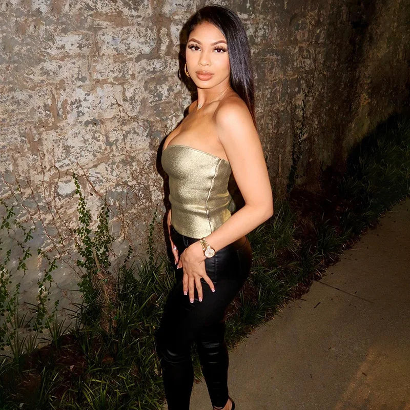 Y2k Streetwear Metallic Tube Top Gold Silver Black Vintage Sexy Crop Tops Women Clubbing Outfits