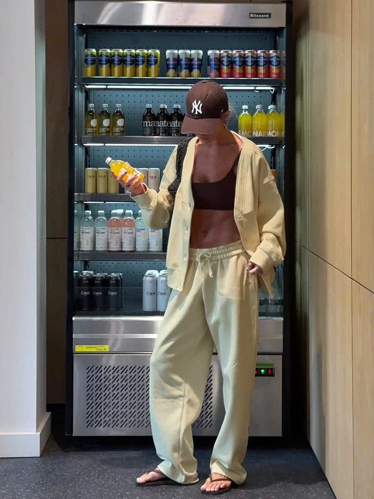 Casual Tracksuits 2Piece Set V-Neck Single Breasted Jacket+Drawstring Pants Matching Simple Streetwear Sporty Outfits