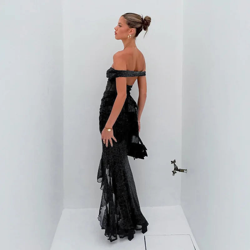 See-through Mesh Glitter Sexy Party Dresses Woman 2025 Summer Off Shoulder Draped Ruffled Long Dresses