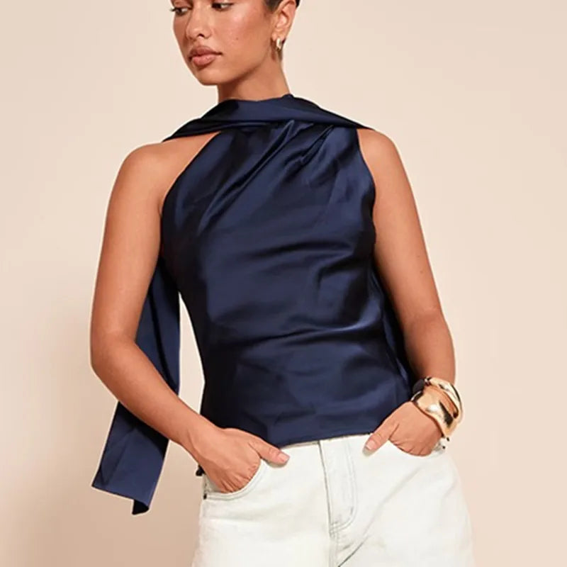 Summer Satin Tank Top Fashion Solid Backless Sleeveless with Scarf Ribbon Tanks High-Street Party Vacation Women's Top