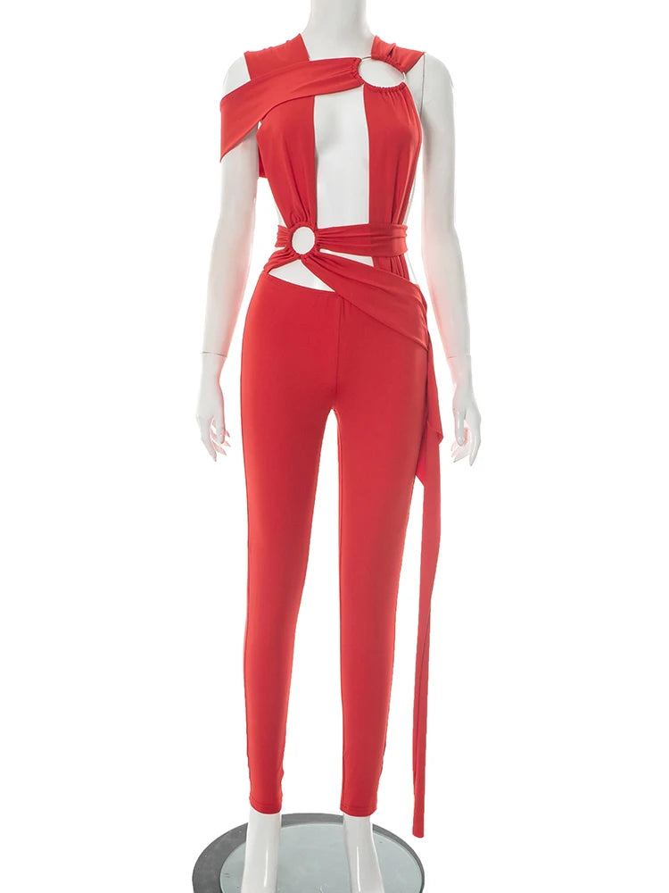 Hollow Bandage Jumpsuit Women Sexy Summer Sleeveless Backless Irregular Ribbon Midnight Clubwear Workout Overalls