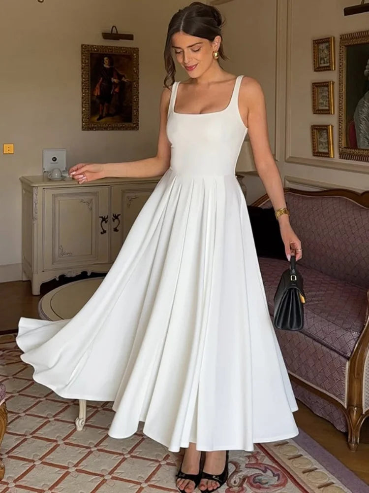 Elegant Square Collar Sleeveless A-line Long Dresses for Woman Summer Solid Color Dressy Dresses