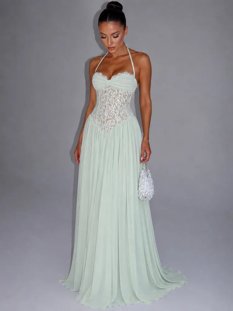 Women Halter Lace Corset Sexy Maxi Dress Sleeveless Ruched Long Dress Sweetheart Neck Backless Evening Party Dresses