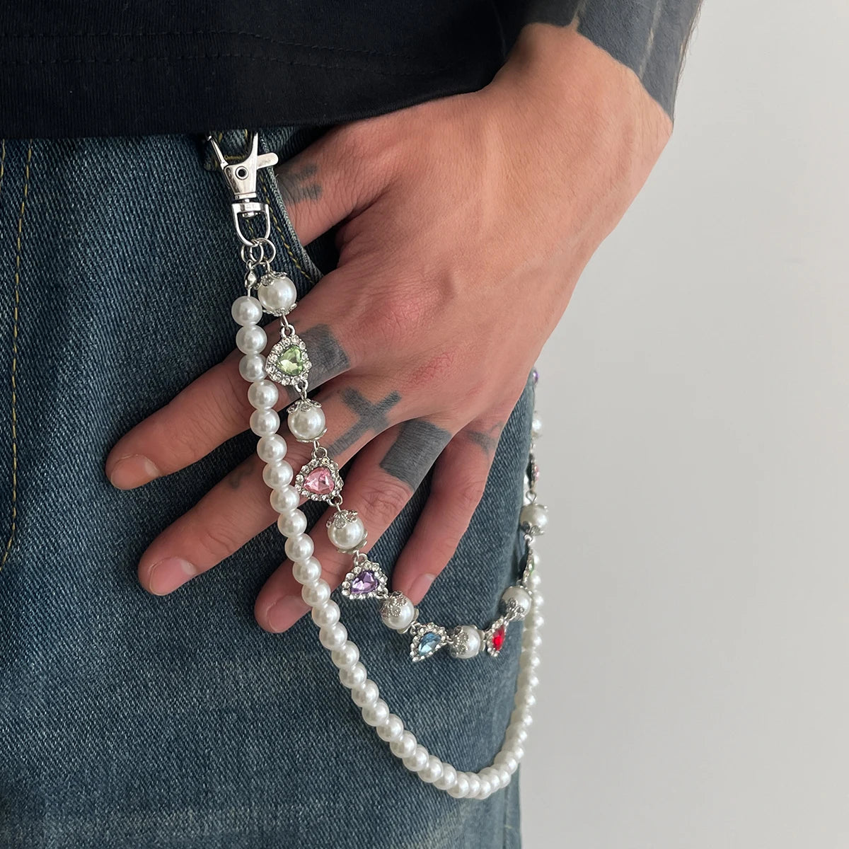 Hip Hop Luxury Rhinestone Love Heart Keychain Wallet Belt Chain Men Trousers Hipster Pant Chain Rock Jewelry Steampunk